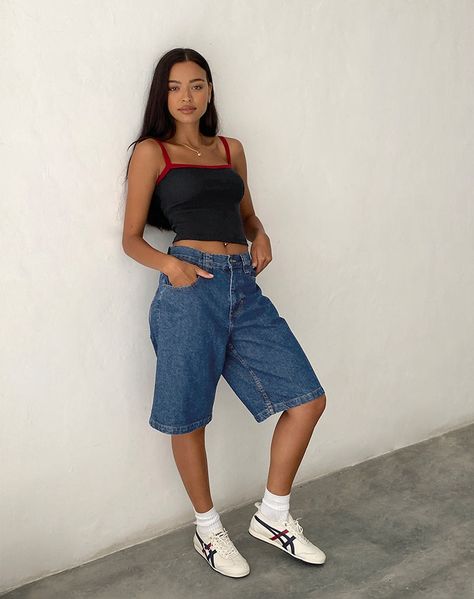 Women's Fashion Basics - Motel Rocks – motelrocks.com Low Rise Jorts, Baggy Jeans Shorts Outfit, Skater Shorts Outfits, Edgy Grandma, Shorts Photoshoot, Jort Outfits, Jorts Aesthetic, Knee Length Denim Shorts, Skater Shorts