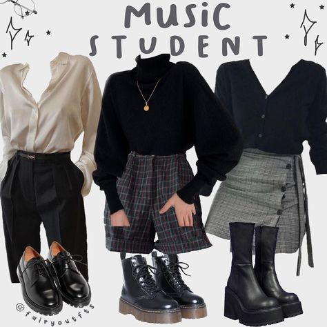 credit: @fairyoutfts on ig | music student college outfit inspo university fashion classes college class outfits Music Class Outfit, Music Outfit Aesthetic, Fashion Student Outfit Aesthetic, Outfit To Class College, Clothes For Class College, Musical Academia Outfit, Outfit Ideas College University, Art Students Outfit, Music Major Outfits