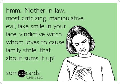 Mother-in-law... most critcizing, manipulative, evil, fake smile in your face, vindictive witch whom loves to cause family strife...that about sums it up! Sarcastic Person, The Awkward Yeti, Spoonie Life, I Dont Like You, Clipuri Video, E Card, Ecards Funny, Someecards, Mother In Law