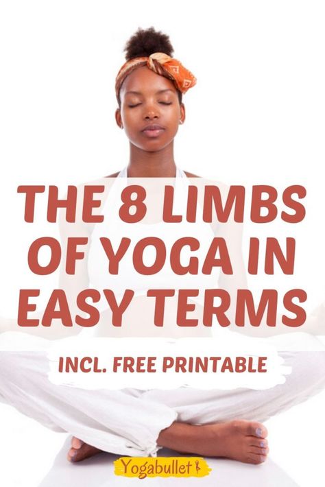 Do you want to learn about the 8 limbs of yoga, the yamas and niyamas? Here you'll learn all about them in easy terms - plus a free printable! The 8 Limbs Of Yoga, Yoga Yamas, Yoga Illustrations, Yoga Zone, Yoga Terms, Kripalu Yoga, Limbs Of Yoga, Yamas And Niyamas, Man Yoga