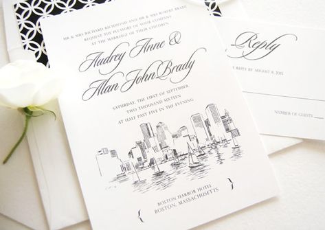 Boston Wedding Invitations, Hand Drawn Wedding Invitations, Skyline Wedding, Boston Skyline, Return Address Wedding, Boston Harbor, Hand Drawn Wedding, Fine Stationery, Custom Envelopes