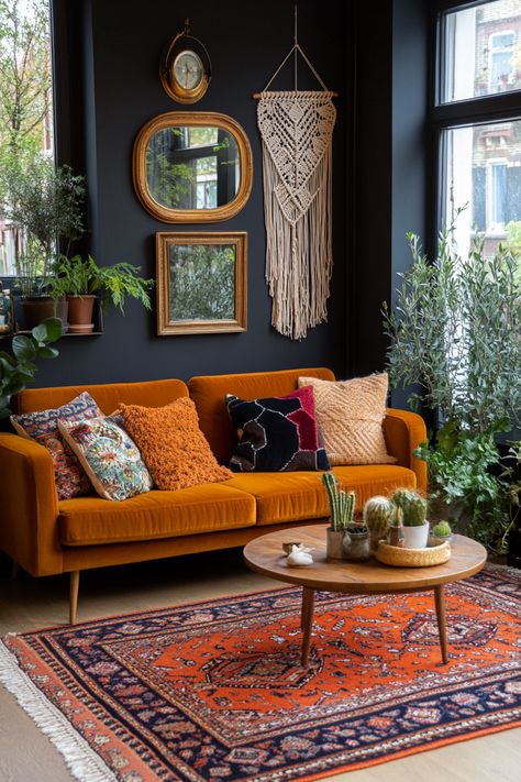 15 Dark Boho Living Room Decor Ideas to Transform Your Space – Everyday Inspo Artsy Boho Living Room, Mcm Retro Living Room, Dark Moody Boho Living Room, Black And Brown Boho Living Room, Cozy Whimsical Living Room, Orange Velvet Couch Living Room Ideas, 70s Witchy Aesthetic, Moody Boho Home Decor, Afroboho Living Room