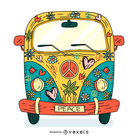 Colorful cartoon of a hippie bus (van) painted with flowers, hearts and peace symbols with Combi Hippie, Van Drawing, Van Hippie, Vw Art, Hippie Bus, Posca Marker, Hippie Van, Icarly, Hippie Art