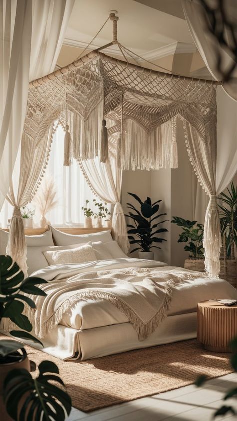 Bohemian Canopy Bedroom, Warm Neutral Color Palette, Cozy Setup, Boho Chic Interior, Comfy Bedroom, Apartment Makeover, House Floor Design, Cream Walls, White Bed