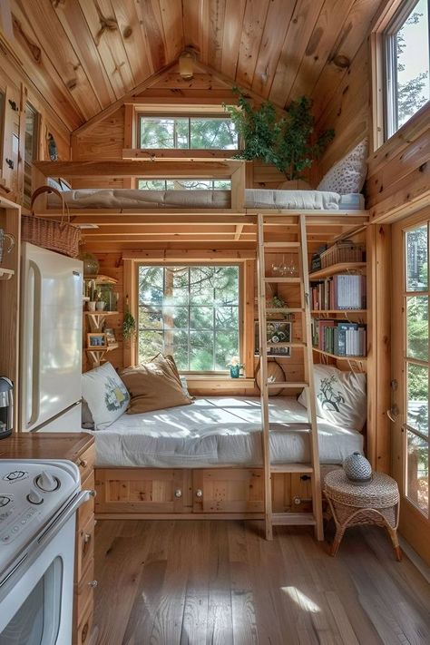 Tiny Homes Interior Loft, Tiny House With King Size Bed, Tiny House Tricks, Interior Tiny House Ideas, Tiny House Ideas Cheap, Mini Cabin Ideas, Interior Tiny House, Guest House Ideas, 2 Bedroom Tiny House