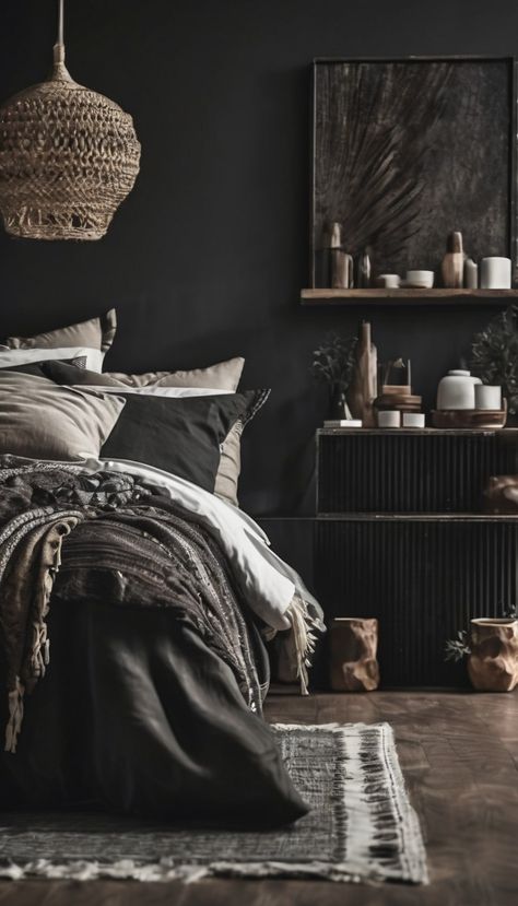 Hyperrealism dark interior of a boho design bedroom with bed and modern minimalistic wall art Dark Mediterranean Bedroom, Black Boho Bedroom, Rustic Bed Design, Dark Bedroom Design, Dark Bedroom Walls, Charcoal Bedroom, King Size Bed Designs, Black Walls Bedroom, Simple Bed Designs