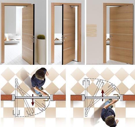 360 degree swing hinge door.  Awesome for small spaces and people who like to vacuum every nook and cranny! Space Saving Doors, Hidden Hinges, Swinging Doors, Pivot Doors, House Doors, Bathroom Doors, Space Saving Furniture, Closet Doors, Interior Furniture