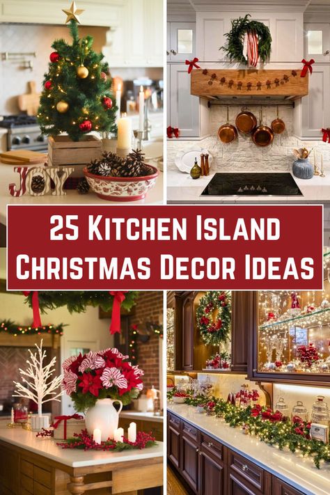 A collage of four festive kitchen islands decorated for Christmas. Highlights include a small Christmas tree, candles, holiday wreaths, and red ribbons. The warm, cozy mood captures the spirit of seasonal celebrations with creative decor ideas for kitchens. Christmas Island Centerpiece Ideas, Island Christmas Decor Ideas, Kitchen Island Christmas Decor Ideas, Kitchen Island Christmas Decor, Island Christmas Decor, Kitchen Island Centerpiece Ideas, Kitchen Island Christmas, Kitchen Island Decor Centerpieces, Island Centerpiece Ideas