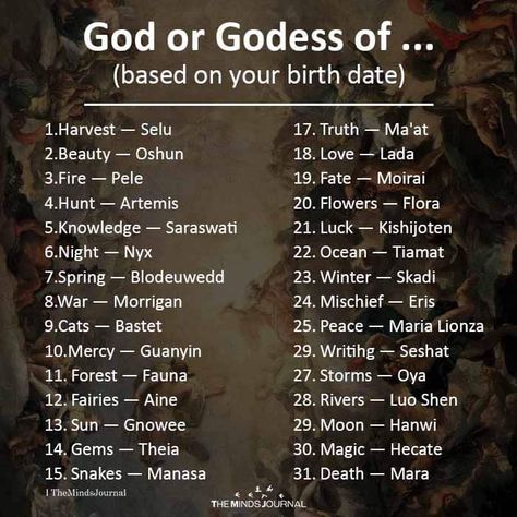 Oh hail ye! What are you the God or Goddess of based on your birth date? Goddess Name Ideas, Greek Gods And Goddesses Names, God Name Ideas, Greek God Names And Meanings, God And Goddess Names, God Of The Stars, Goddess Name, God Of Magic, Goddess Awakening