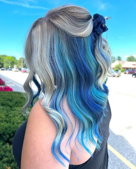 Blonde Hair With A Peekaboo Color, Hair Color Ideas For Blondes Highlights, Bubblegum Blue Hair, 2 Tone Blue Hair, Blonde Hair With Colored Peekaboos, Blue Hair Ideas For Blondes, Blue Balayage Blonde, Blue Peekaboo Hair Blonde, Blonde And Blue Hair Peekaboo