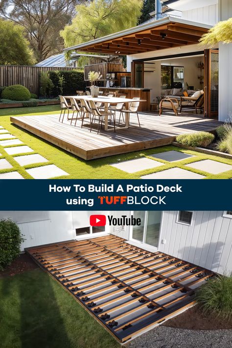 subframe showing joists laid over concrete using tuffblock deck blocks for patio deck Low Deck No Railing, Ground Level Deck Ideas, Low Profile Deck, Deck Extension, Bikers Quotes, Deck Blocks, Deck Over Concrete, Patio Redo, Concrete Patio Ideas