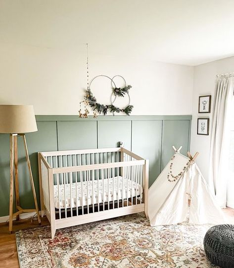 Yellowstone Nursery, Gender Neutral Nursery Green, Green Gender Neutral Nursery, Nursery Accents, Nursery Accent Wall, Green Accent Walls, Baby Nursery Inspiration, Board And Batten Wall, Nursery Room Design