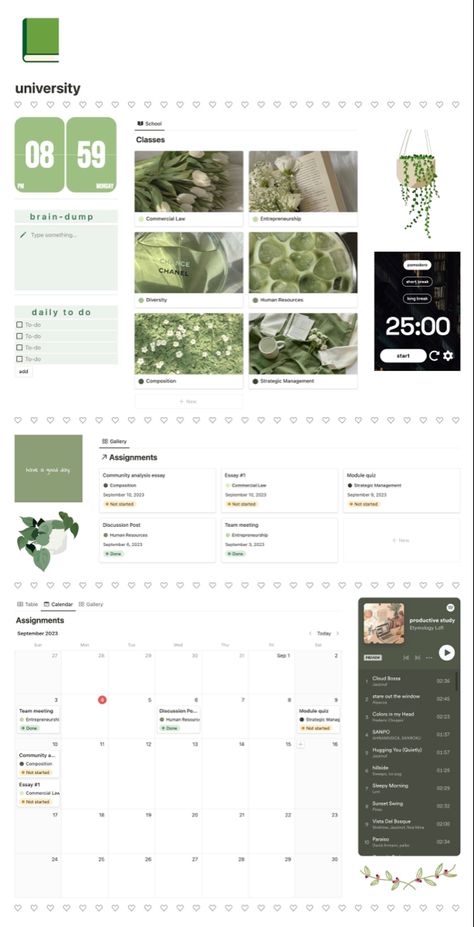 Notion study page green aesthetic, study timer, spotify playlist, linked assignment calendar Notion Main Page Ideas, Study Page Notion, Notion Study Page, Notion Calendar Aesthetic, Notion Images Green, Study Hub Notion, Notion Green Aesthetic, Study Aesthetic Green, Notion Spotify