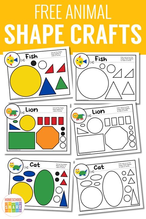 Animal Shape Crafts - Homeschool Share Shape Art Lessons For Kindergarten, Art With Shapes Preschool, Animal Shapes Craft, Animal Theme For Kindergarten, Shape Pictures Kindergarten, Shapes Preschool Crafts Art Projects, Shapes Pictures For Kids, Using Shapes To Make A Picture, The Shape Of Things Book Activities