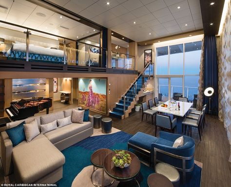 A peek inside the royal loft suite, which comes complete with a grand piano and double-hei... Luxury Cruise Suite, Loft Suite, Cruise Ships Interior, Cruise Rooms, Symphony Of The Seas, Best Cruise Ships, Royal Caribbean Ships, Private Hot Tub, Royal Caribbean Cruise