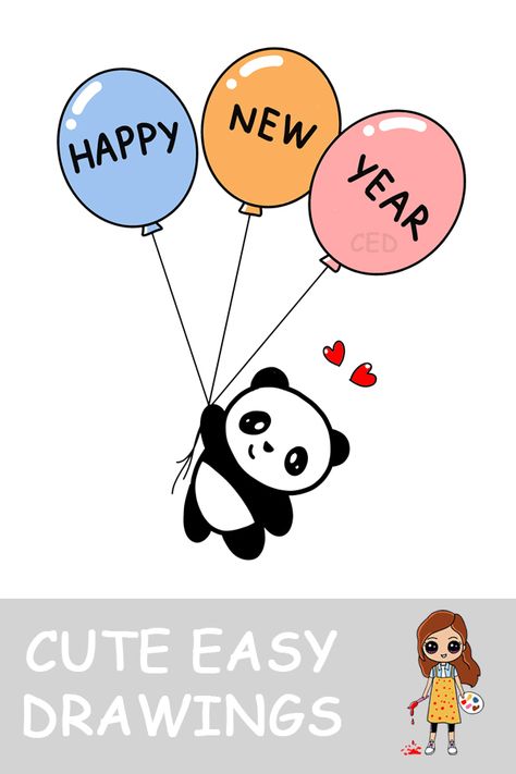 New Year Card Panda and Balloon New Year Sketch Ideas, Happy New Year Drawing Art, New Year Drawing Ideas Easy, New Year Doodle Art, New Year Card Drawing, New Year Drawing Ideas Kids, Happy New Year Cute Cartoon, Panda With Balloon, Happy New Year Doodle