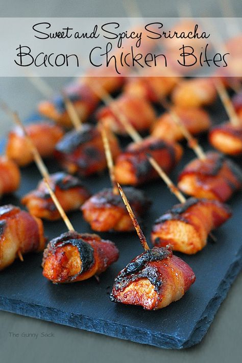 Bacon Chicken Bites, Sriracha Bacon, Bacon Wrapped Meatballs, Super Bowl Snack Recipes, Bacon Wrapped Chicken Bites, Bacon Chicken, Wrapped Chicken, Bacon Wrapped Chicken, Superbowl Snacks