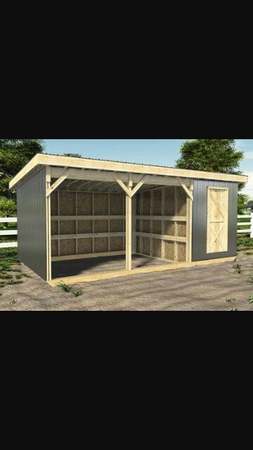 Love this layout. Color not so much Horse Shelter With Stalls, Simple Lean To Shelter, Live Stock Shelter, Horse Shelter With Tack Room, Lean To Horse Shelter, Horse Shelter With Hay Storage, Pony Stall Ideas, Simple Horse Shelter, Horse Lean To