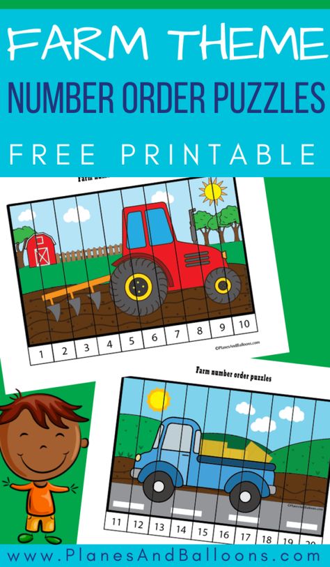 Free printable puzzles for farm theme in preschool! Fun number order activities for numbers 1-10 and 11-20. #prek #preschool #farm #planesandballoons Farm Vehicles Preschool, Preschool Puzzles Free Printable, Number Puzzles 1-20, Number Puzzles 1-10 Free Printable, Number Order Activities, Preschool Number Puzzles, Ordering Activities, Preschool Number Activities, Farm Math Activities