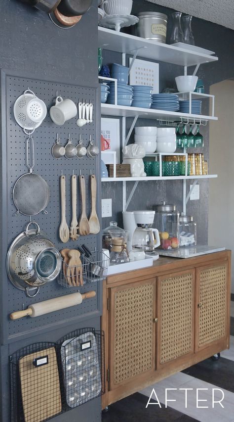 pegboard storage in the kitchen                                                                                                                                                                                 More Pegboard Kitchen, Kitchen Wall Storage, Desain Pantry, Organized Kitchen, Diy Kitchen Storage, Kitchen Farmhouse, Kitchen Cabinet Storage, Storage Area, Apartment Kitchen