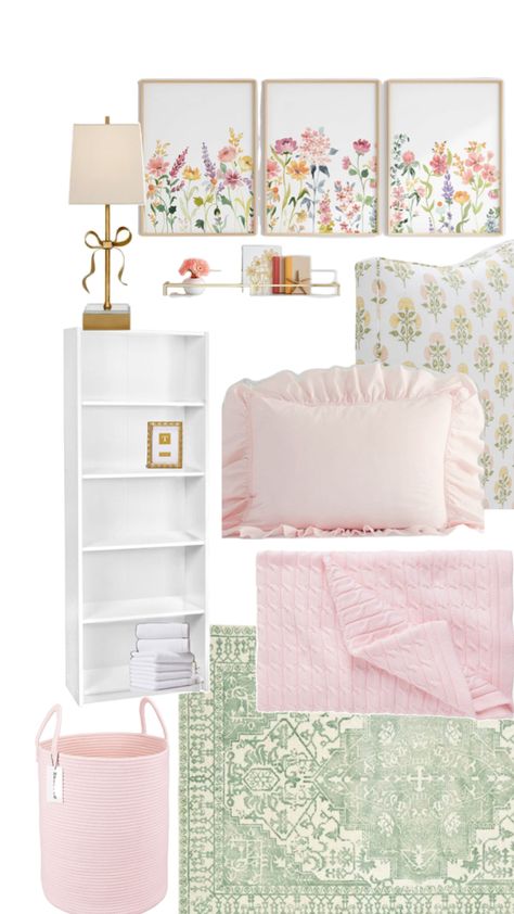 Dorm Room Ideas Flowers, College Dorm Room Color Schemes, Grand Millennial Dorm, Light Pink Dorm Room Aesthetic, Dorm Bedding Ideas Color Schemes, Green And Pink Dorm Room, Collage Dorm Ideas, Floral Dorm Room, Light Pink Dorm Room