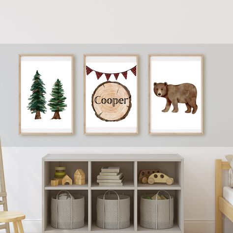 lumberjack woodland forest animal nursery wall art decor, buffalo plaid, bear, baby boy room, 11x14, set of 3 digital prints included. Etsy Nursery Decor, Toddler Woodland Bedroom Boy, Moose Themed Nursery, Woodlands Nursery Boy, Baby Boy Forest Nursery, Woodland Toddler Room Boys, Wolf Themed Bedroom, Boy Nursery Ideas Rustic, Boys Outdoor Theme Bedroom