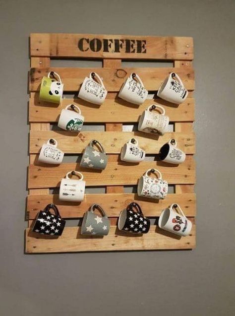 23 BRILLIANT DIY PALLET SHELF IDEAS - 161 Wooden Pallet Wall, Coffee Bar Home, Pallet Shelves, Pallet Wall, Décor Diy, Wooden Pallets, Diy Pallet Furniture, Decor Rustic, Diy Crafts To Sell