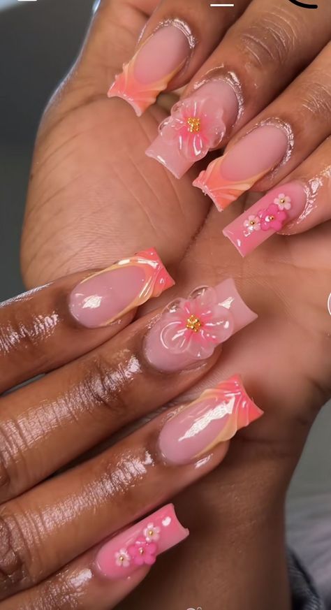 Bad Nail Designs, Summer Acrylic Nails Colorful, Ghana Nail Designs, Aruba Nail Ideas, Hawaii Nail Designs Hawaiian Flowers, Nails For Africa, Flower Vacation Nails, Vacay Nail Ideas, Nails For Puerto Rico Trip