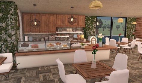 Bloxburg Cafe Table Ideas, Bloxburg Buffet Ideas, Bloxburg Cafe Seating Ideas, Boo Burg Cafe Ideas, Bloxburg Small Restaurant Layout, Bloxburg Restaurant Layout 2 Story, Blocksburg Restaurant Ideas, Bloxburg Coffee Shop Ideas Interior, Bloxburg Cafe Kitchen Ideas