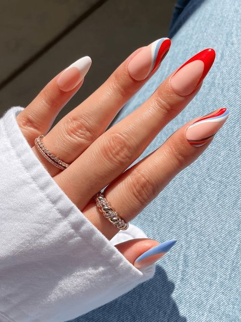 25 Fourth of July Nail Ideas That Are Actually Chic Almond Nails Autumn, Nail Tip Designs, Nails Autumn, Fourth Of July Nails, Medium Nails, 4th Of July Nails, Work Nails, French Nail Designs, French Nail