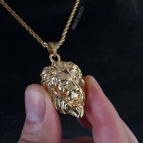 "Lion head pendant gold chain" Lion Pendant Men, Lion Pendant Gold, Lion Head Necklace, Necklace Gold Chain, Lion Pendant, Edgy Jewelry, Head Necklace, Real Jewelry, Gold Locket