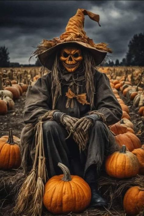 Scary Jack O Lantern Scarecrow. Pumpkin carving ideas. Scary Halloween. Jeepers Creepers. Corn maze. Haunted trail. Haunted house character ideas. Children of the corn. Scary farmer. Pumpkin patch. The great pumpkin. Spooky Halloween Pictures, Halloween Pics, Halloween Kunst, Pumpkin Mask, Tall Pumpkin, Halloween Wallpapers, Halloween Silhouettes, Halloween Artwork, Halloween Scene