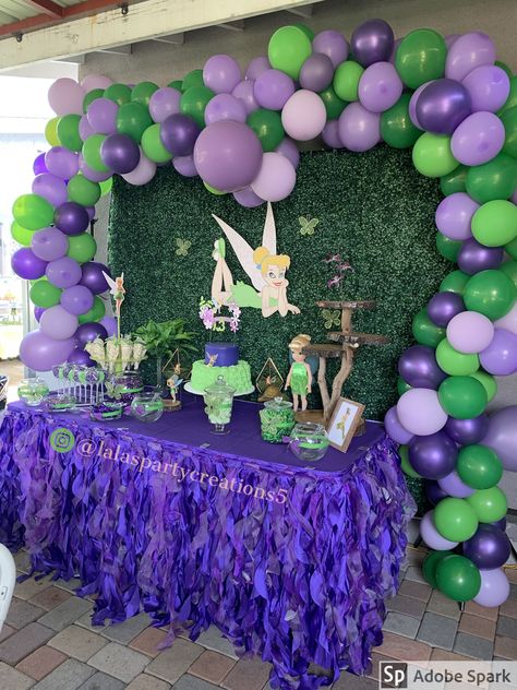 Cake table set-up for TinkerBell party. Purples and green balloon garland @lalaspartycreations5 Tinkerbell Birthday Party, Fairy Theme Birthday Party, Tinkerbell Party Theme, Tinkerbell Birthday, Fairy Baby Showers, Fairy Garden Birthday Party, Tinkerbell Party, The Perfect Date