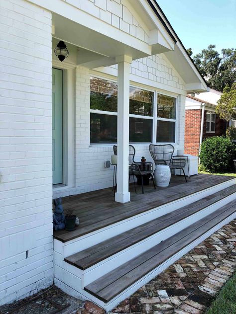 Front Porch Not Covered, Half Covered Front Porch, Front Porch Ideas For Cape Cod Homes, Front Porch Half Covered Half Not, Front Porch Patio Extension, Front Porch Driveway Ideas, Roofless Front Porch, Half Front Porch, Large Concrete Front Porch