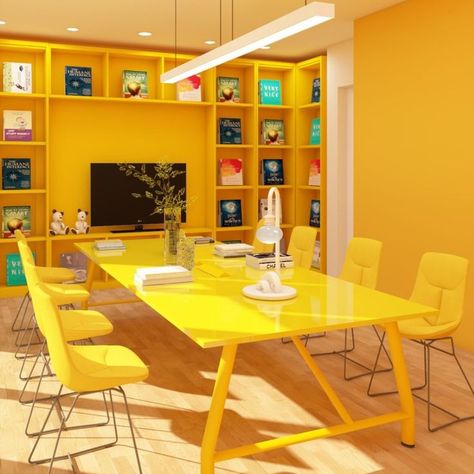 Crafting the right environment in the workplace is incredibly important and it often affects both your creativity and work productivity. Take a look to this cheerful Meeting Room with yellow radiance to energize your workplace. 3d Interior Design Software, Yellow Office, Create Floor Plan, Office Design Ideas, Interior Design Software, Yellow Interior, Online Interior Design, Office Interior Design, Home Office Design