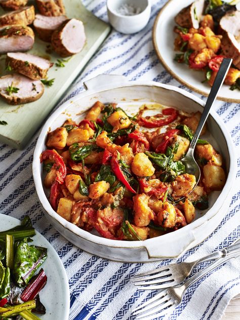 Spanish Flamenco Potatoes with Roast Pork | Love Potatoes Sausage Gnocchi, Gnocchi Dishes, Spanish Flamenco, Sausage Bake, Potato Dishes, Pork Dishes, Main Meals, Gnocchi, Pork Recipes