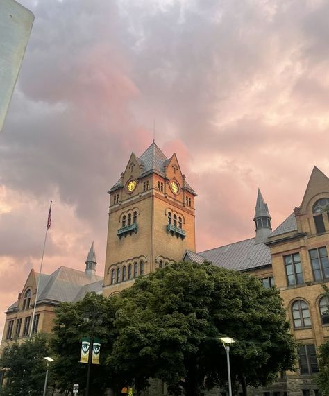 Old Main building on campus with light pink clouds in the sky. Wayne State University, Wayne State, Pink Skies, September 23, Photo Of The Day, Cultural Center, Pink Sky, New Era, Maine