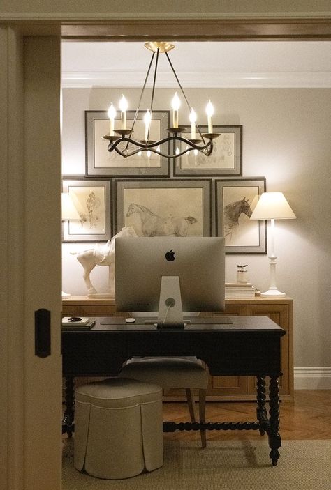 Home Office With Chandelier, Amber Interiors Office Space, Console In Office, Grand Millennial Office Decor, Arhaus Office Inspiration, Slipcover Office Chair, Home Studio Office Ideas, Open Office Decor, Living Room Dining Room Office Combo Layout Open Space