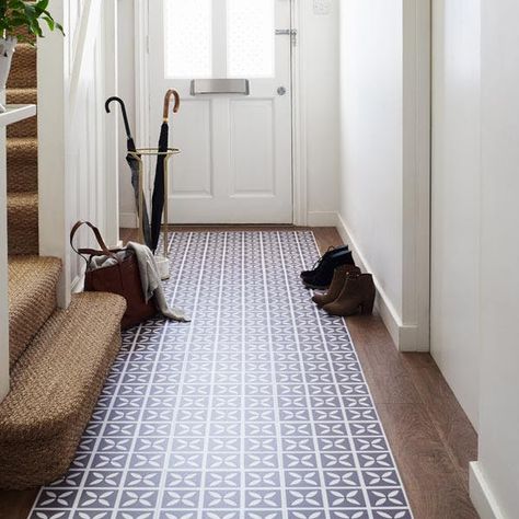 Has it been the kind of material that we'd devote a Pinterest board to? Not so much. Until now. Harvey Maria Flooring, Lantai Vinil, Flooring Ideas Vinyl, Hallway Ideas Diy, Hall Tiles, Hall Flooring, Tiled Hallway, Tiles Ideas, Luxury Vinyl Tile Flooring