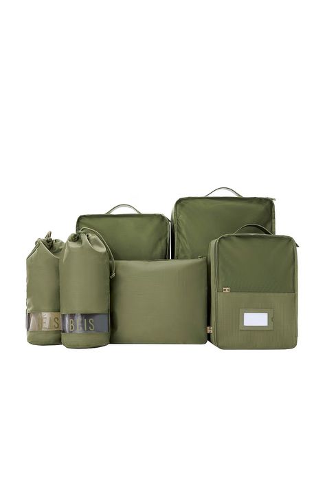 BEIS The 6pc Packing Cubes in Olive | REVOLVE Small Carry On Luggage, Fineliner Art, Perfectly Organized, International Airlines, Luggage Organization, Luggage Covers, Shoe Bags, Packing Cubes, Travel Set