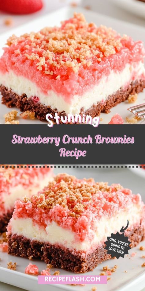 Elevate your dessert table with Strawberry Crunch Brownies! This delicious recipe combines rich chocolate flavors with a crispy strawberry topping, creating a unique sweet treat. Perfect for celebrations or a simple dessert night, these brownies will leave everyone wanting more. Bake a batch and enjoy the compliments! Strawberry Crunch Brownies, Strawberry Crunch Topping, Crunch Brownies, Dessert Night, Crunch Topping, Strawberry Brownies, Strawberry Crunch, Crunch Recipe, Cookie Toppings