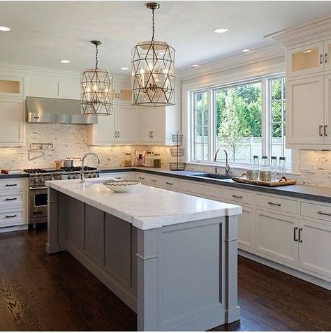 Perfect kitchen layout!!! Big wall window and small sink in island, needs bar stools to eat at island Kitchen With White Cabinets, Grey Kitchen Island, Traditional Kitchens, Kitchen Cabinets Decor, Classic Kitchen, Furniture Warehouse, Gorgeous Kitchens, Kitchen Plans, Grey Kitchen