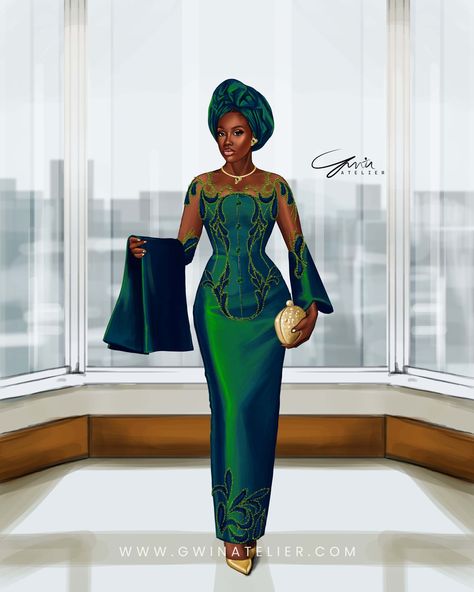 IM-02 This look features a vibrant emerald green hue aso oke. The bodice is adorned with intricate baroque embroidery, weaving delicate patterns that exude opulence and attention to detail. Sheer fabric extends from the neckline to the sleeves, adding a contemporary touch while maintaining a sense of traditional elegance. #IyawoMi Gwin Atelier Ghana ©️2024 #gwinatelier #fashionillustration #asooke #bellanaijaweddings #vogue #nigerianwedding #yorubabride #illustration #art #IyawoMi #baroque... Aso Oke Styles Traditional Weddings, Green Aso Oke, Baroque Embroidery, Embroidery Weaving, Aso Ebi Style, Yoruba Bride, African Weddings, Emerald Green Dress, African Outfits