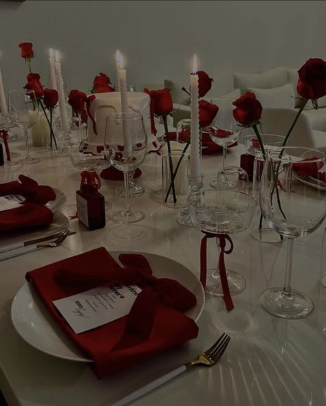 Romance Themed Party, Red And Gold Dinner Table Decor, Red Wine Party Decorations, Parisian Party Aesthetic, Red Bakery Aesthetic, Burgundy Dinner Party, Fine As Wine Birthday Party, Red Roses Table Setting, Red 30th Birthday Ideas