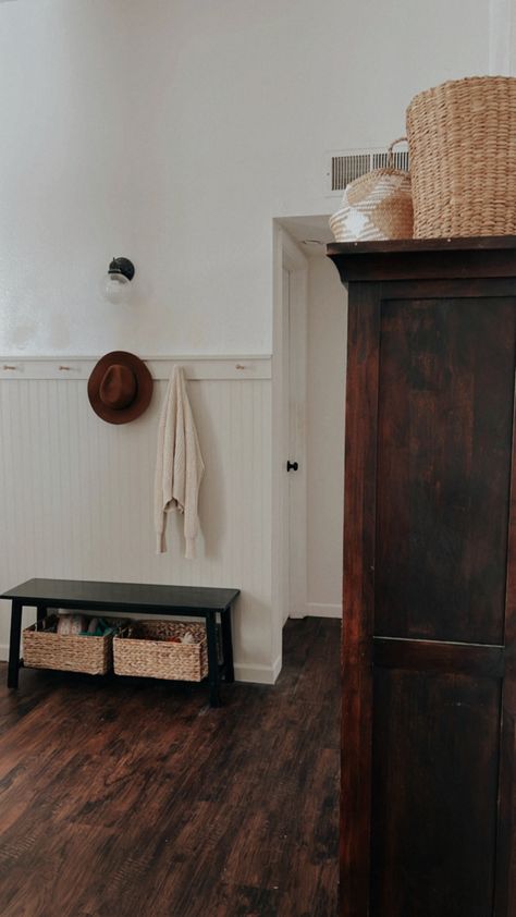 Black Beadboard Entryway, Entryway Beadboard, Beadboard Entryway, Beige Sherwin Williams, Black Beadboard, Accessible Beige Sherwin Williams, Entryway Makeover, Black Bench, Accessible Beige