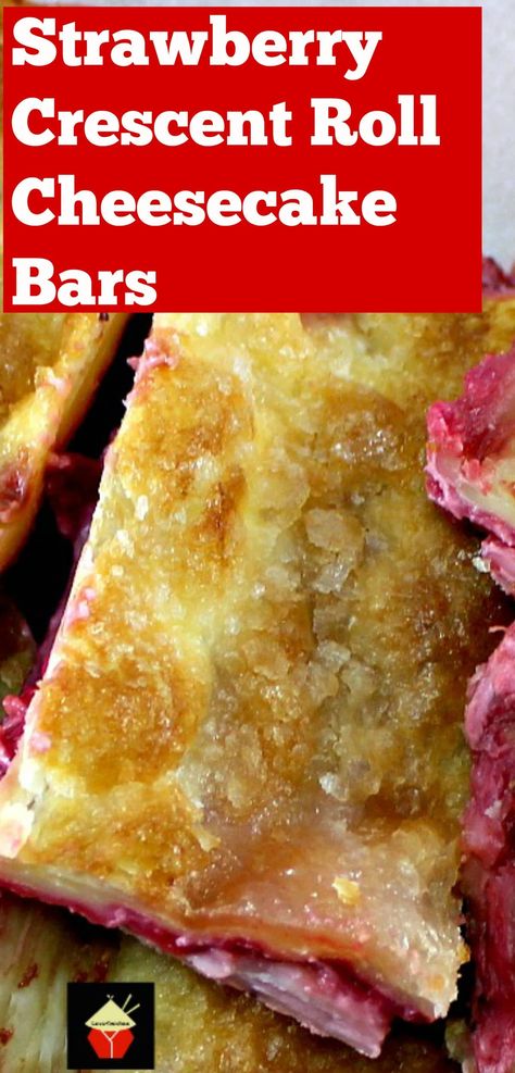 Strawberry Crescent Roll Cheesecake Bars. An incredibly easy and fuss free recipe with cream cheese and strawberry filling sandwiched between layers of pastry. This tastes amazing! Strawberry Sopapilla Cheesecake, Crescent Roll Cheesecake Bars, Cherry Cream Cheese Bars, Roll Desserts, Lighter Desserts, Crescent Roll Recipes Dessert, Crescent Roll Dessert, Crescent Roll Cheesecake, Roll Cheesecake