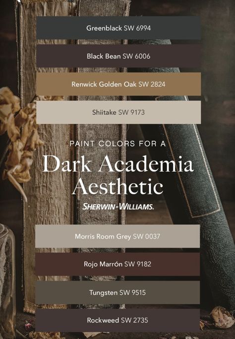 Dark Academia Colors, Zyla Palette, Dark Academia Color Palette, Dark Academia Painting, Dark Academia Color, Paint Color Swatches, Dark Academy, Bathroom Color Schemes, House Color Palettes