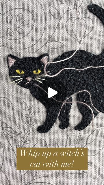 Tamara Carlier | Modern hand embroidery patterns | Etsy shop on Instagram: "🐈‍⬛ How many stitches does it take to stitch a witch’s cat? Scroll down to see if you’re right! 🐈‍⬛

🪡 🪡 🪡 🪡 🪡 🪡 🪡

✨ Well done if you spotted the main filling stitches are chain stitch (for the cat’s body and face) and satin stitch (for the ears, eyes and nose)... But some other simple stitches play a supporting role: 

🪡 Outline stitch: My go-to stitch for fine, curved lines. Used here to add a little definition between the cat’s legs and its body – a subtle effect that makes it pop.
🪡 Straight stitch: The simplest stitch of them all – but sooo good for details. Used here to outline the nose before filling around it, and also to add the whiskers and mouth. 
🪡 Scallop stitch: Worked like fly stitch but Cat Embroidery Simple, Scallop Stitch, Outline Stitch, Fly Stitch, Modern Hand Embroidery Patterns, Modern Hand Embroidery, Eye Pattern, Cat S, Curved Lines