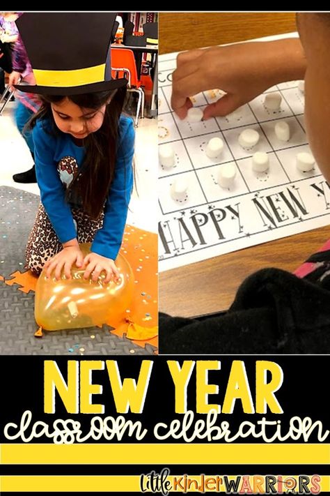 New Years In Kindergarten, Classroom New Years Party, New Years First Grade, New Years Activities For Kindergarten, New Years Kindergarten, New Years Activities For Kids Classroom, New Year Classroom Activities, Kindergarten January, Winter Kindergarten Activities