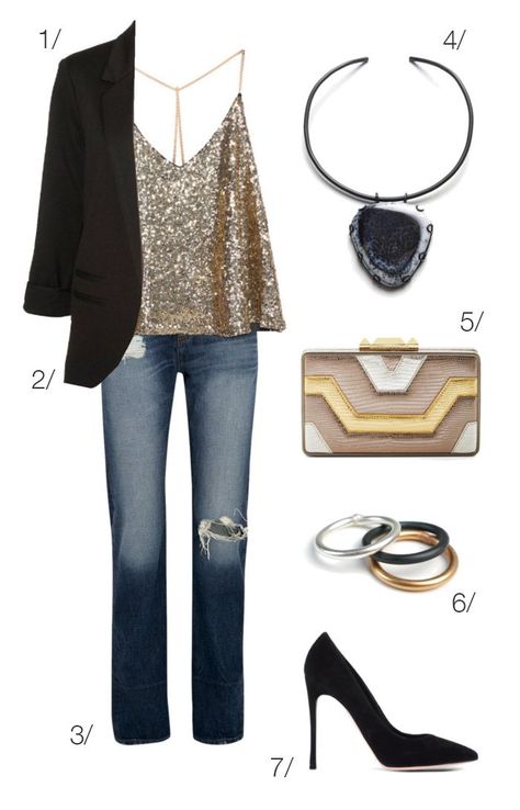 holiday party style: jeans, sequin top, heels // click through for outfit details Sequin Top And Blazer Outfit, Sequin Shirt Outfit Party, Jeans And Jewels Party Outfit Ideas, Sequined Top And Jeans, Sequence Top With Jeans Party, Glitter Top With Jeans, Glam Jeans Outfit, New Years Eve Outfit Jeans, Gold Top And Jeans Outfit